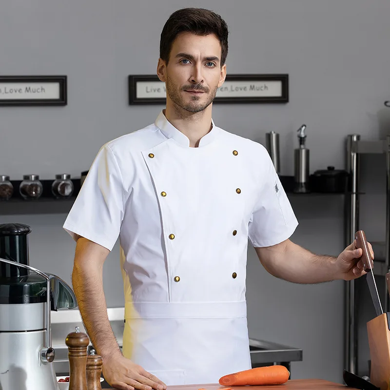 Uniforme da chef per chef di hotel di fascia alta, doppia fila, fibbia in ottone, manica corta, ristorante, chef esecutivo, vestiti da cucina, uniforme da uomo