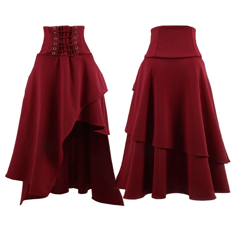 กระโปรงวินเทจสไตล์สตีมพังค์สำหรับผู้หญิงกระโปรงยุคกลางลูกไม้ชุดกระโปรงกระโปรงอสมมาตรนางฟ้าวิคตอเรียสีดำ