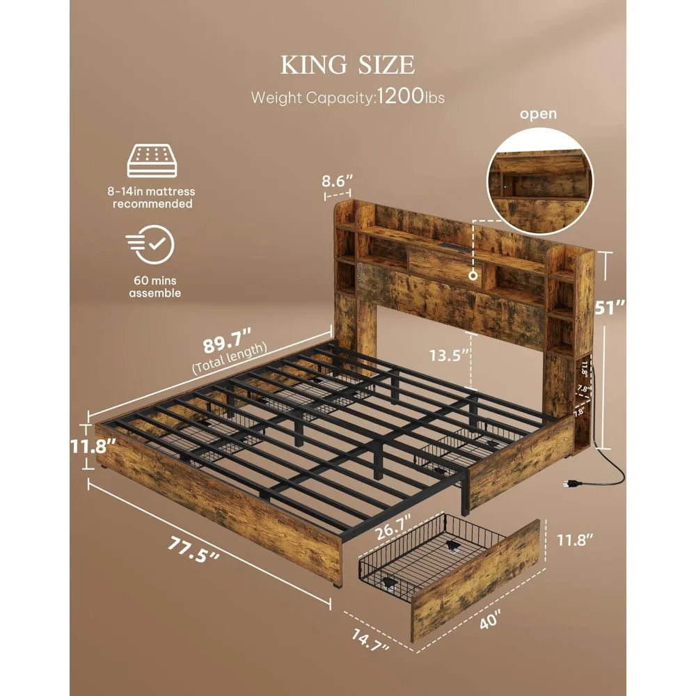 King Bed Frame with Bookcase Headboard and 4 Storage Drawers, RGB LED Bed Frame with Type-C & USB Charging Station