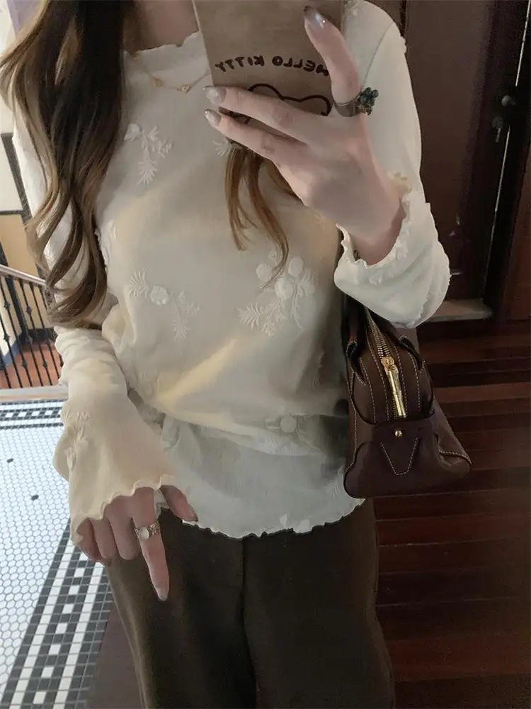 

Кружевная футболка с 3D цветочной текстурой и вышивкой, женская осенне-зимняя футболка с высоким воротником, универсальный утягивающий многослойный топ