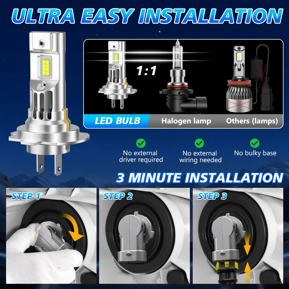 

2PCS 200% Brighter LED CANBUS Headlight Bulbs Lights with Fan 20000LM H7 3570 CSP Internal Drive Auto Light 6000K white