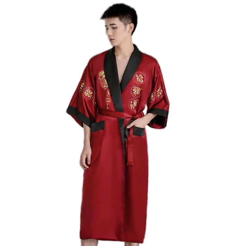 Kimono reversível para homens, roupão dupla face, vintage, estilo chinês, bordado dragão, casual, yukata, roupas de noite