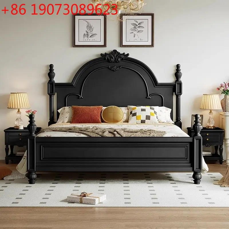 

Черная ретро-кровать из цельного дерева, американская большая кровать шириной 1,8 м, французский средний и древний стиль