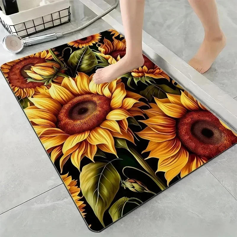 Sunflower Pattern Floor Mat for Bathroom Super Absorbent Shower Room Carpet Home Decorative Accessories Non-slip Diatom Mud Rug