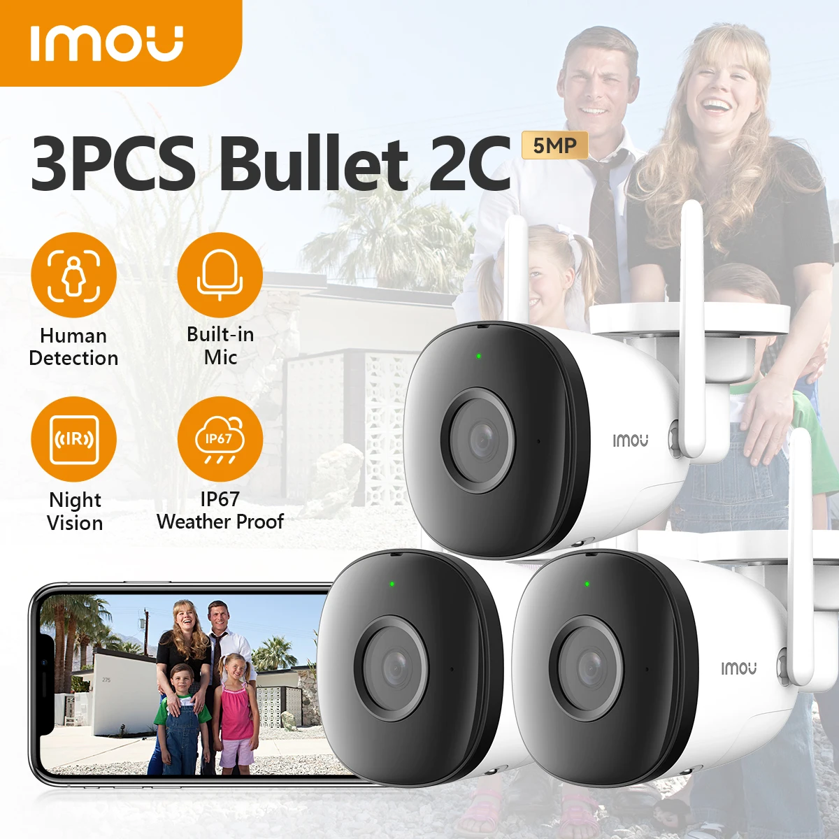 IMOU 3PCS Bullet 2C 5MP Wifi Camera Weatherproof AI Human Detection Outdoor Surveillance IP Camera Wholesale