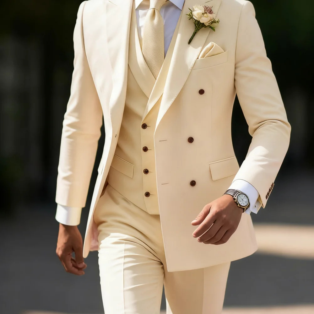 

Men's Wedding Terno Slim Fit 3-Piece Smoking Solid Casual Blazer with Double-Breasted Vest And Pants - Formal Men's Suit