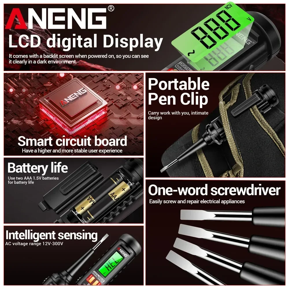 ANENG B16 Inteligentny Tester Indukcyjny w Kształcie Długopisu AC 12-300V Tester Napięcia Czujnik NCV Wykrywacz Przewodów Lokalizator Przerw Profesjonalne Narzędzie
