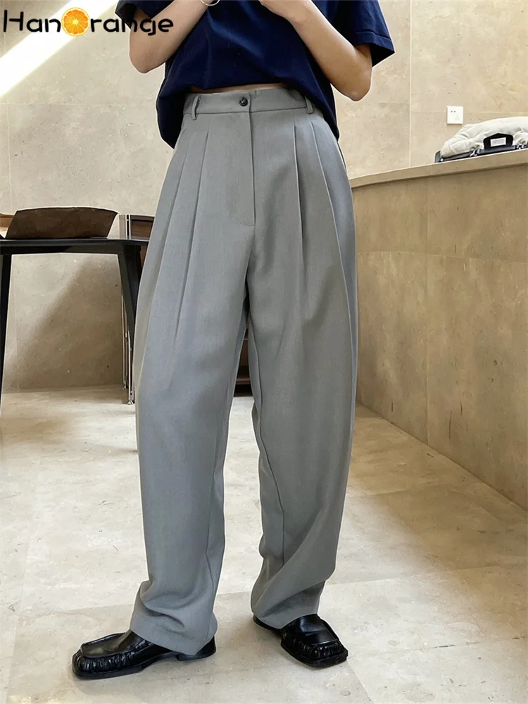 

HanOrange 2025 Spring Fashion High Waiste Tapered Wide Leg Pants Women Loose Drooping Feel Thin Trousers Grey/Olive Green