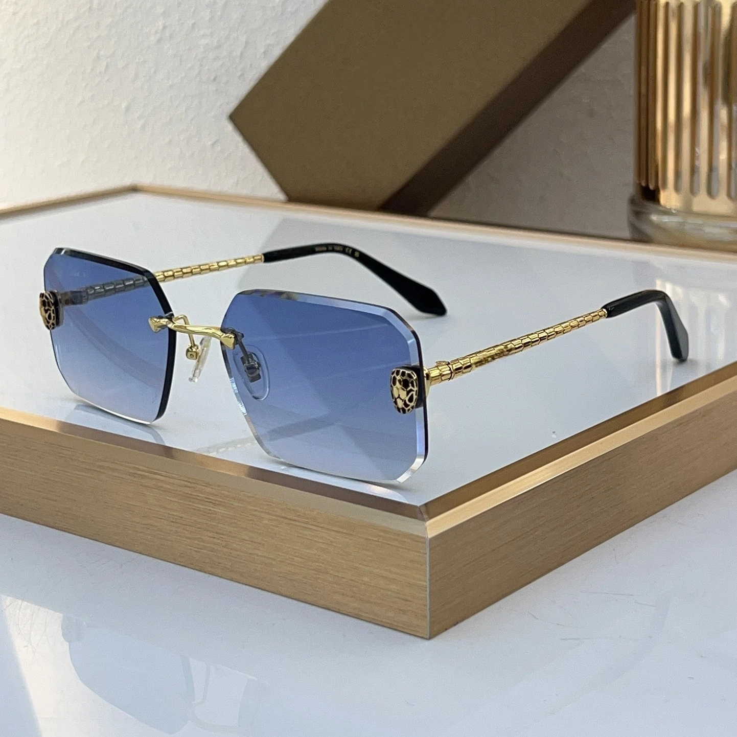 2025 New Fashion Trend Luxury Vintage Sunglasses Retro Square Rimless Academic Style Snake Scale Design Temples A+ High Quality