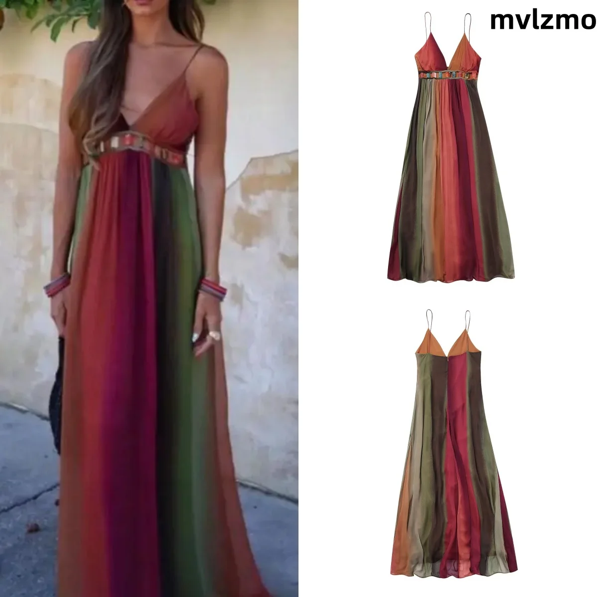 Vestido comprido de camo feminino, vestido maxi vintage feminino, sem mangas, gola V, cintura alta, férias de verão, baile de baile