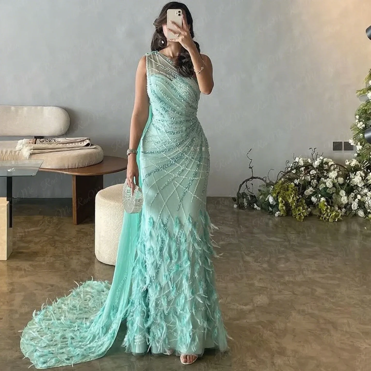 

Luxury Aqua Feather Turquoise One Shoulder Mermaid Evening Dresses with Cape Train Tulle Party Dress Wedding Dress Customized