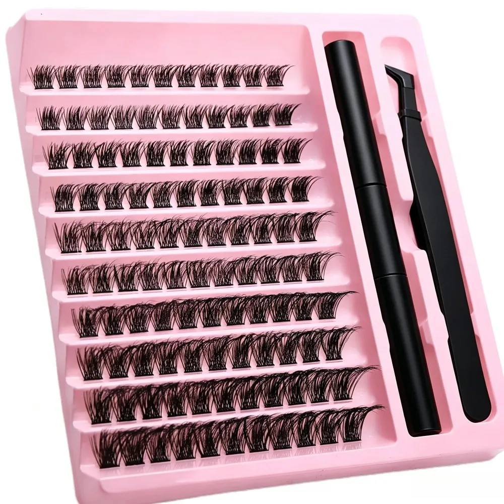 Home DIY Lash Extension Kit D Curl Fluffy Individual Lash Clusters False Eyelashes with Bond‑Seal Glue & Tweezers for Starter