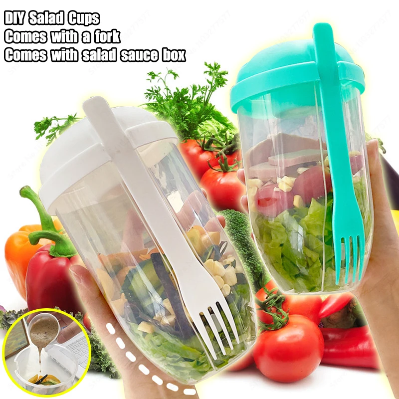 Draagbare Diy Salade Cups Ontbijtgranen Noten Yoghurt Container Set Met Vork Saus Fles Picknick Voedsel Container Bento Lunchbox