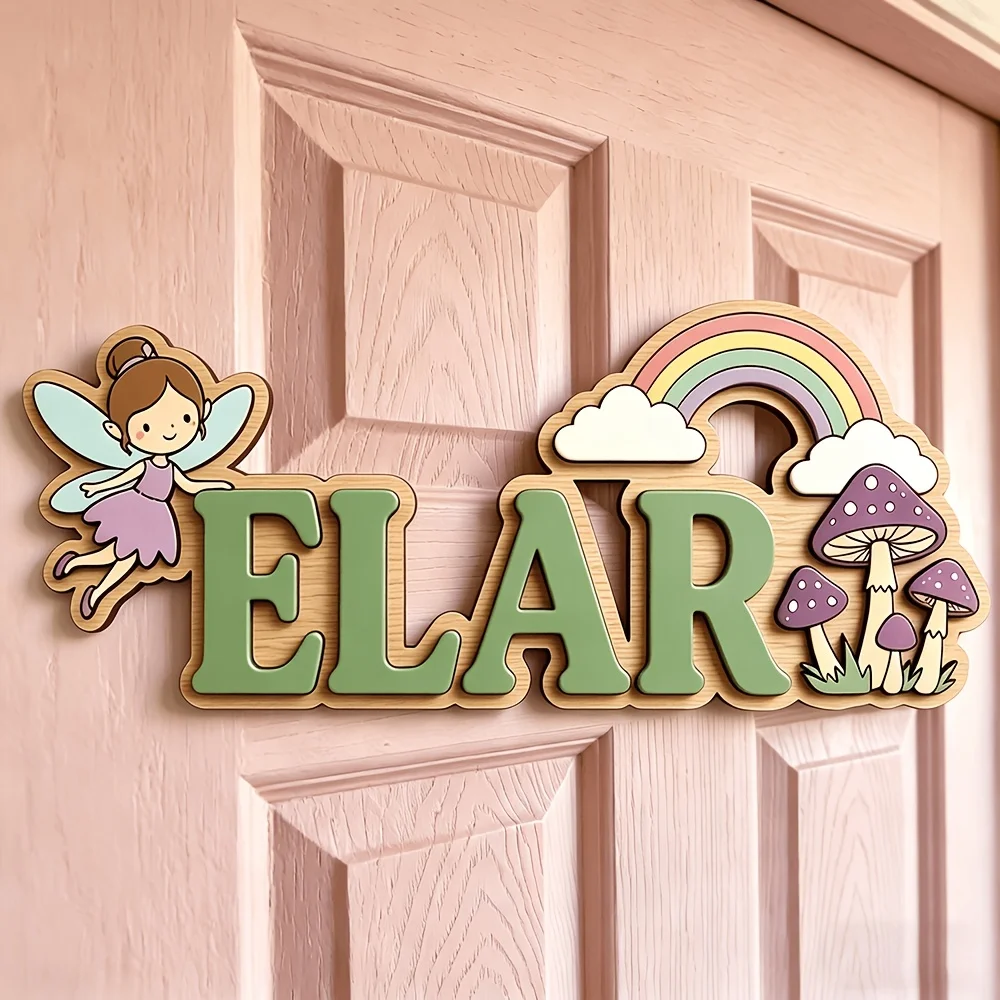 1Pc Custom Fairy Rainbow Mushroom Double-Layer Wooden Nameplate, Door Plaque Suitable for Home Bedroom/Living Room Door Decor