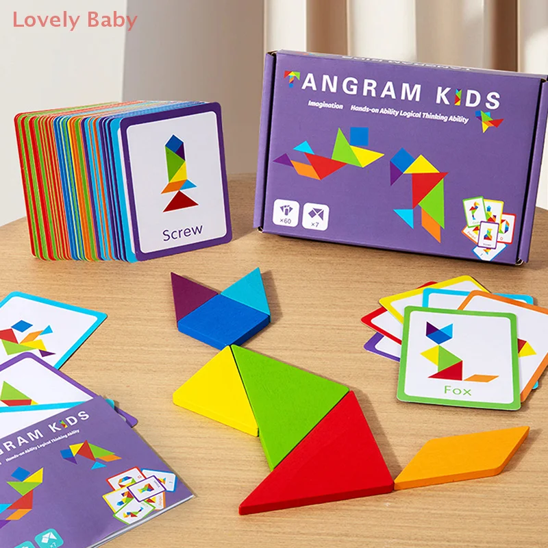 3D Wooden Tangram Jigsaw Puzzles Board Games Kids Montessori Educational Toys Children Kindergarten Geometric Shape Teaching Aid