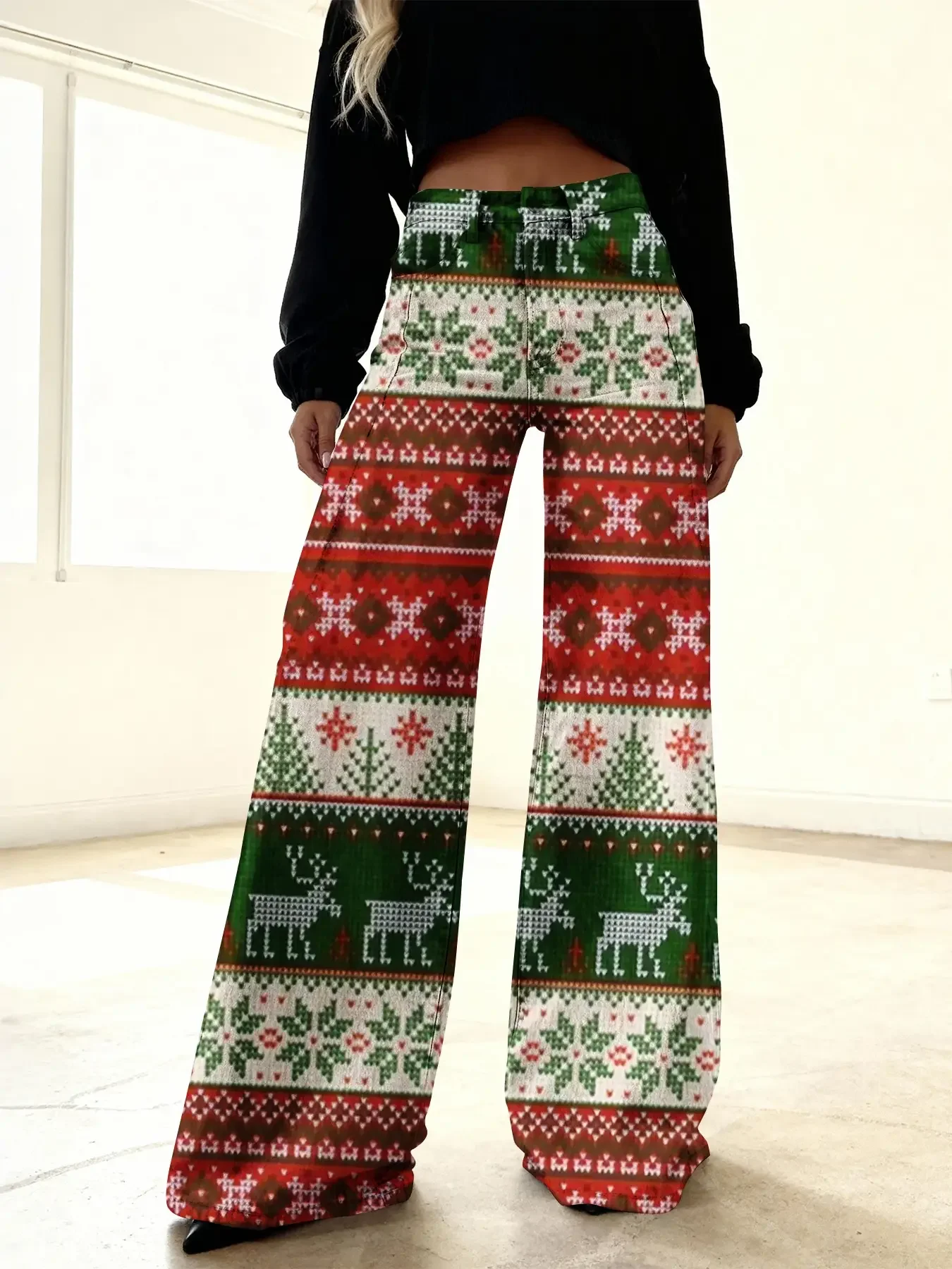 Ladies' new Christmas printed jeans made of imitation denim fabric, casual and fashionable, featuring a variety 