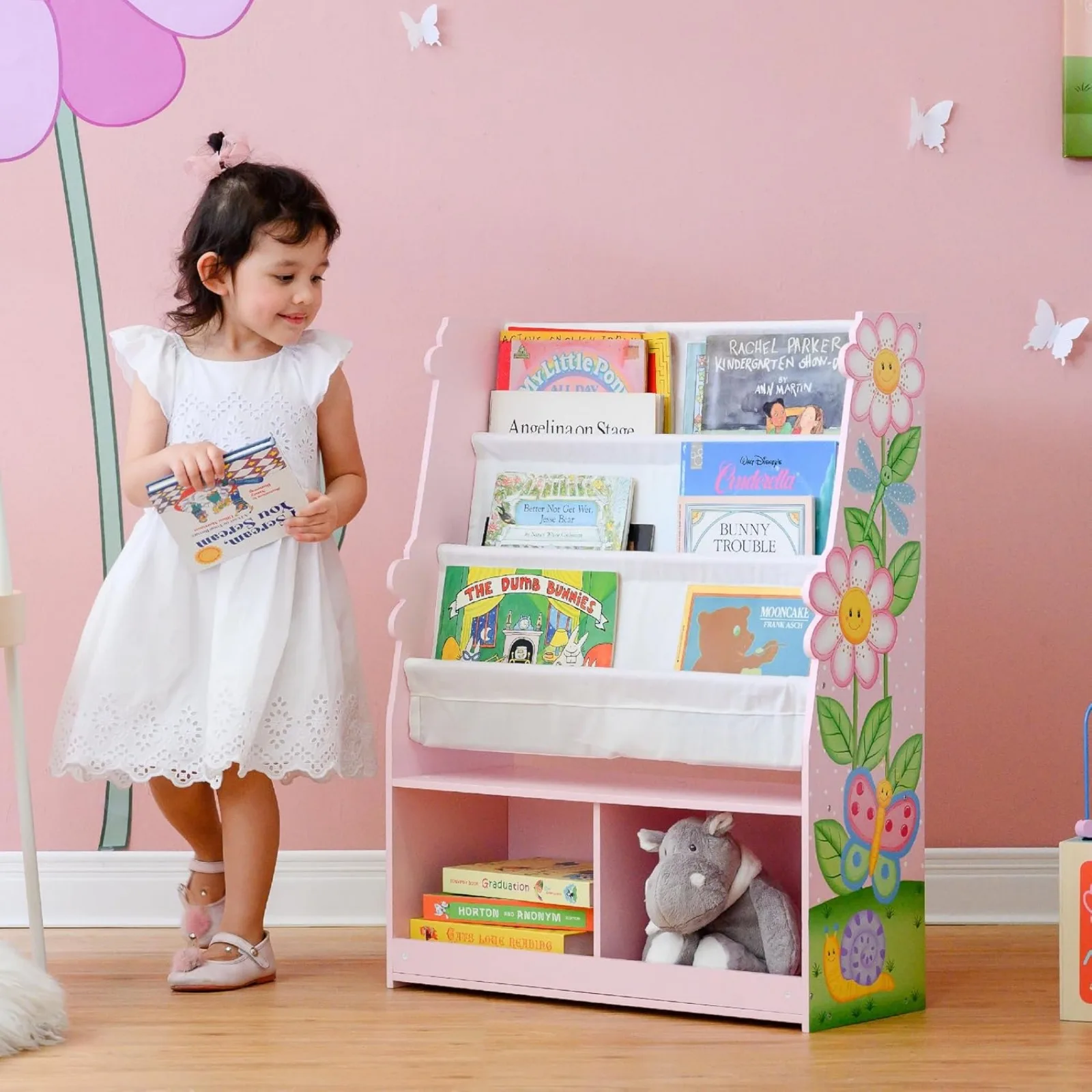 Rak buku tampilan kayu anak-anak taman ajaib US dengan laci penyimpanan, warna-warni