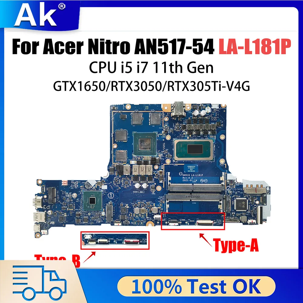 GH51G LA-L181P Mainboard For Acer Nitro AN517-54 AN515-57 Laptop Motherboard NBQET11003 i5 11th CPU GTX1650 RTX3050 TI V4G