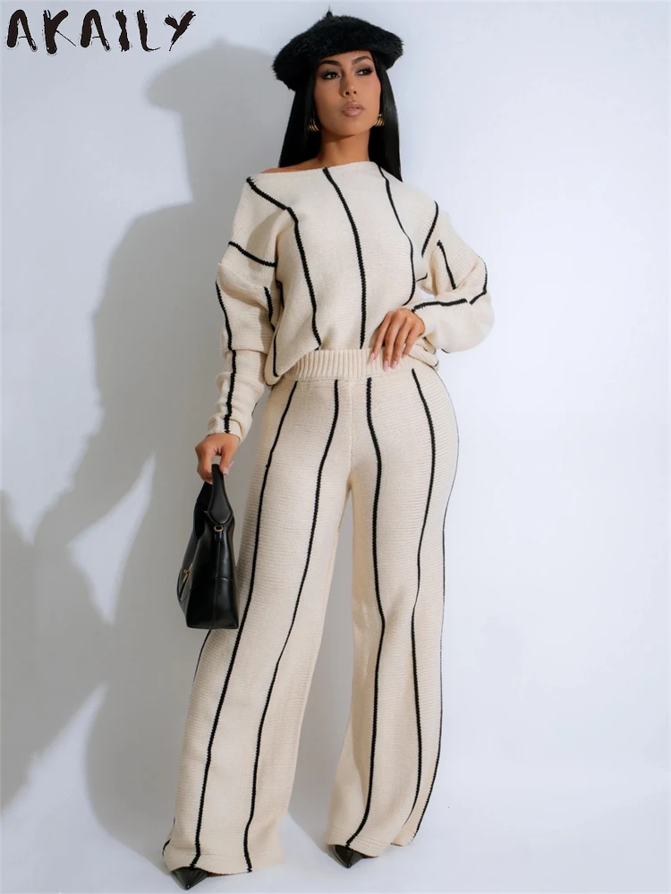 Akaily Winter Hipster Stripe Women Two Piece Tracksuit Casual Outfits 2024 Inclined Shoulder Sweater+Wide Leg Pants Matching Set