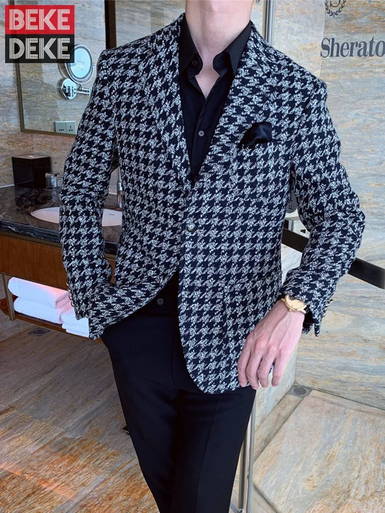 

Winter Men Luxury Slim Fit Plaid Blazer Thick Woolen Blends Suit Jacket Business Man Work Coat Single Breasted Party Blazer Tops