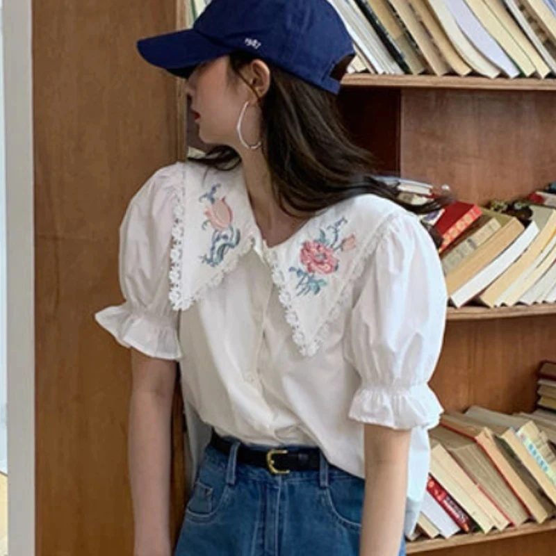 MEXZT Vintage Sweet Shirts Women Embroidery Floral Print Blouses Summer Korean Preppy Student Puff Short Sleeve Casual Tops New