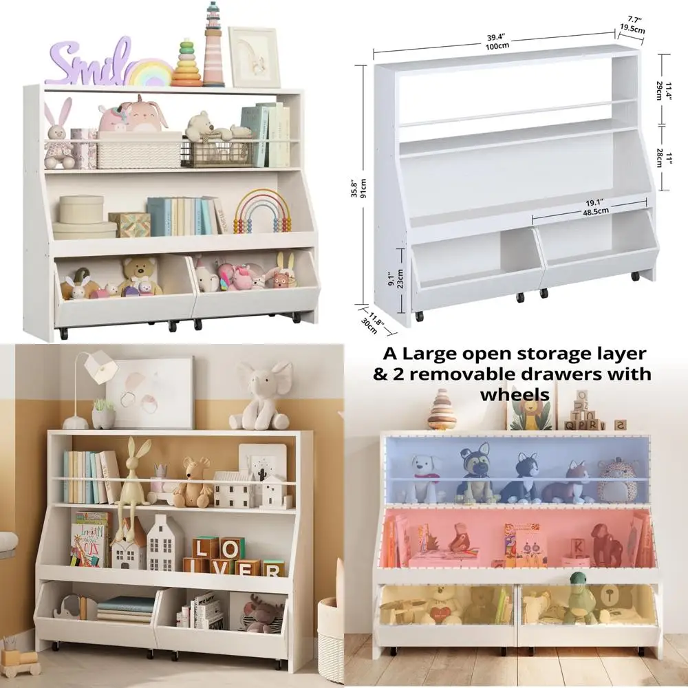 

Детский органайзер для хранения книжной полки с двумя регулируемыми ящиками, местом для хранения игрушек высшего уровня, поддержкой перекладины, идеально подходит для детской и