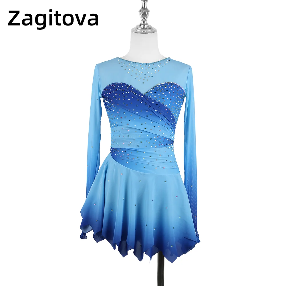 

Zagitova Figure Skating Dress Women Girls Ice Skating Skirt Performance Competition Shiny Diamond Gradient Blue Mesh Skirt