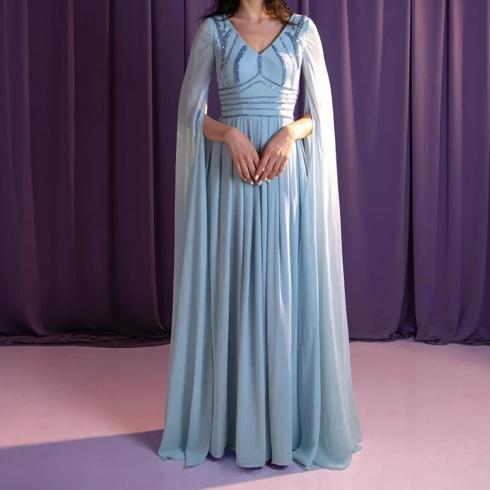 

Customized A-line Evening Dresses Floor-length V-neck Full Sleeve Prom Gown Fashion Sequined Simple Draped Casual Party Gown