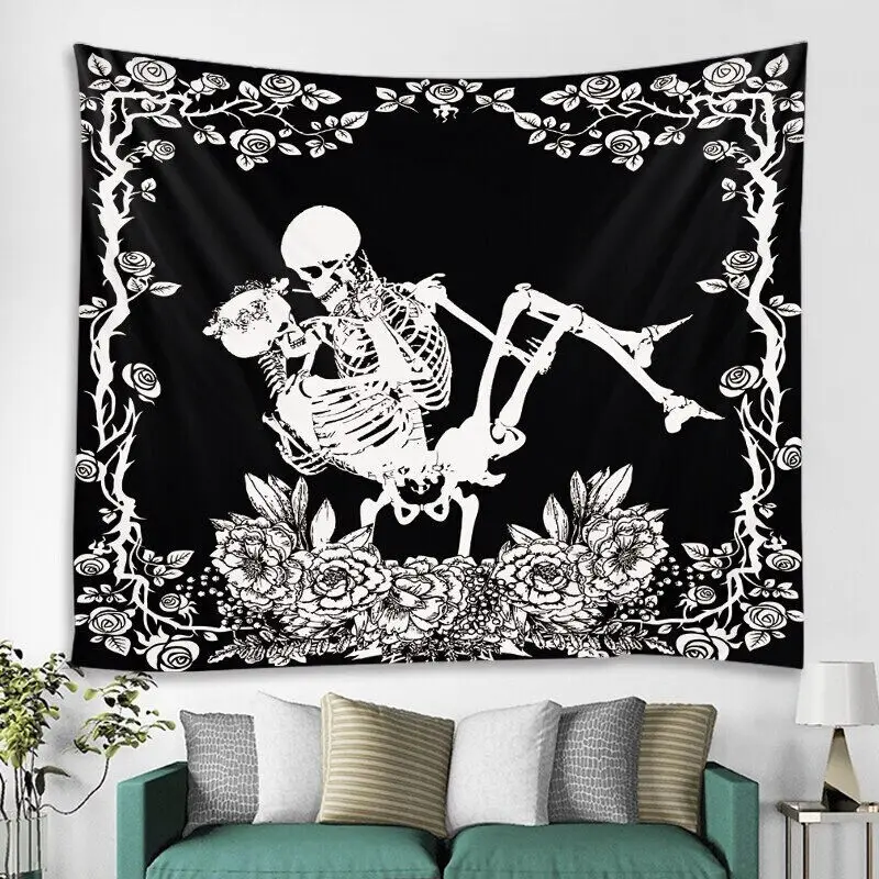 Skeleton King Moon Tapestry Meditation in Flowers Mandala Carpet Hippie Divination Tarot Wall Tapestry