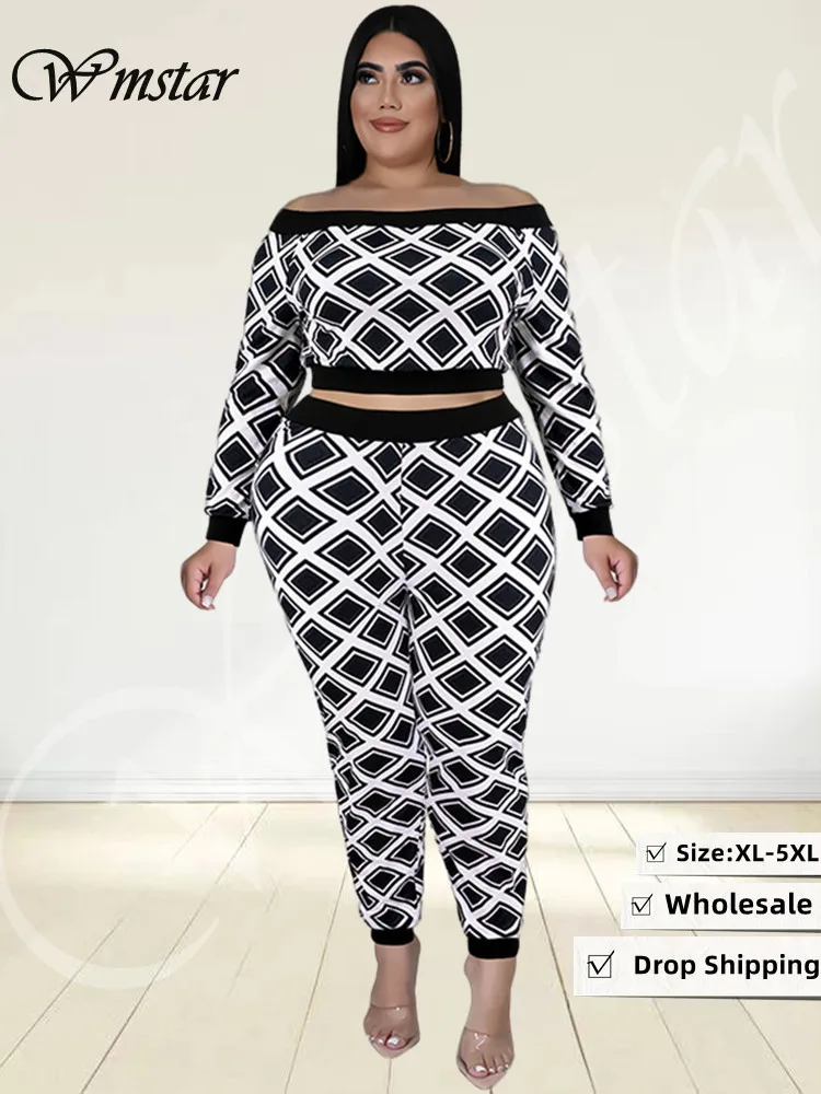 Wmstar Plus Size dwuczęściowe stroje damskie odzież na jesień nadruk w szkocką kratę topy i spodnie zestawy Casual pasujący zestaw hurtownia