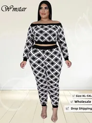 Wmstar Plus Size dwuczęściowe stroje damskie odzież na jesień nadruk w szkocką kratę topy i spodnie zestawy Casual pasujący zestaw hurtownia Dropshipping