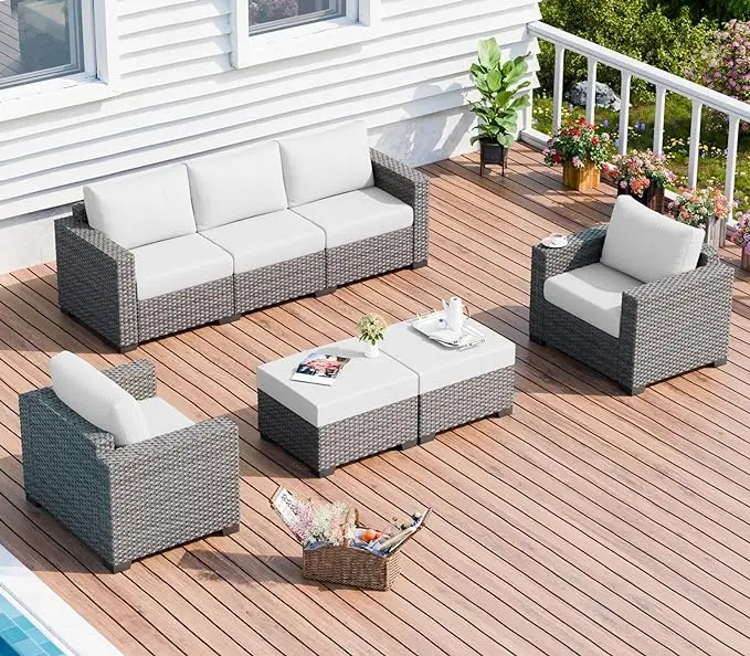 Patio Furniture Set with Outdoor Storage Table, Heavy Duty 4/5/7Piece Comfortable Wicker Rattan Outdoor Furniture Set