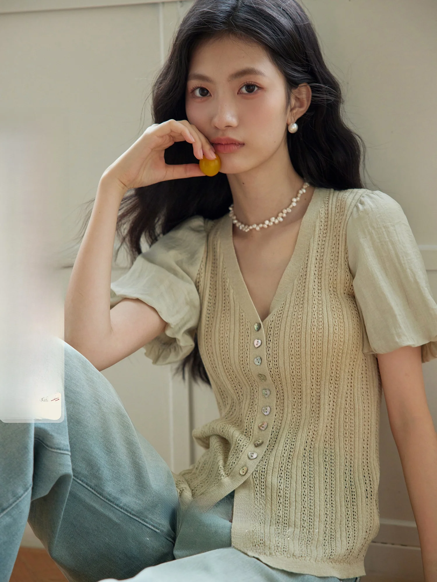 

ORWhite Vintage Single Button Splice Knitted ort Sve irt Women Summer Commute Drapey Versatile Loose Fit V Ne Thin