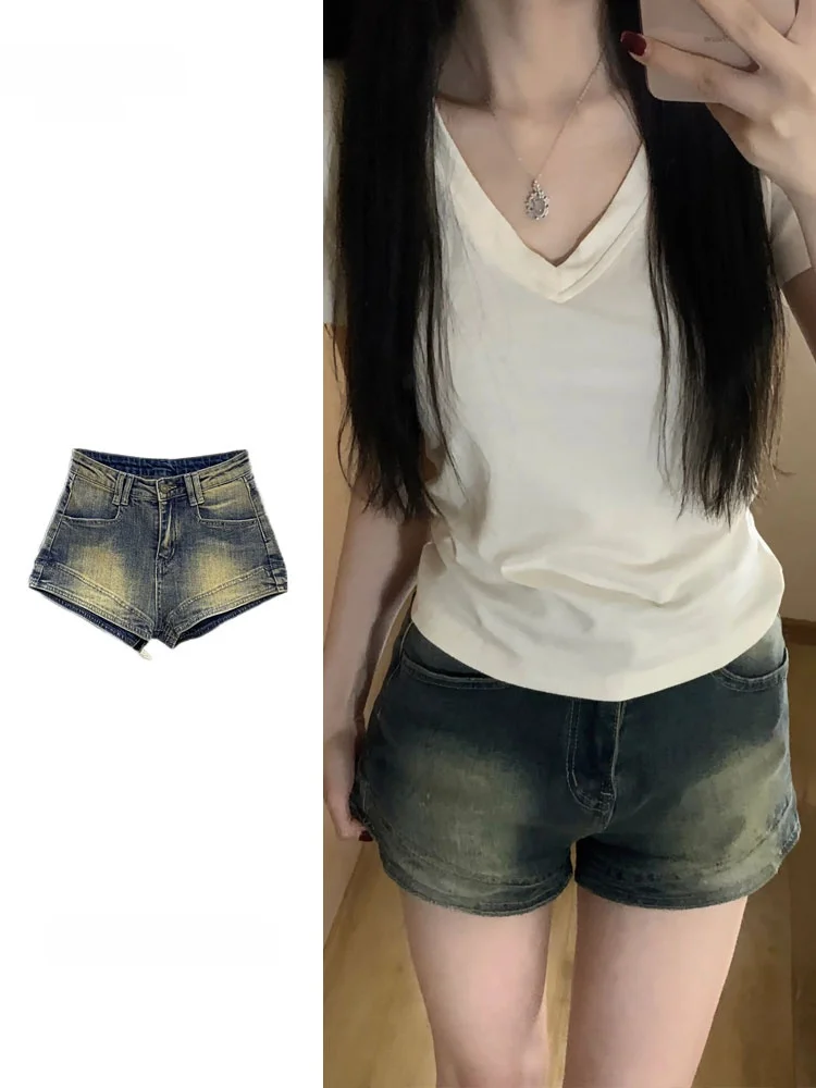 

Retro American Style Faded Denim Shorts Women's High Waist Slimming Hot Pants Summer New Design Washed Straight Leg Jeans