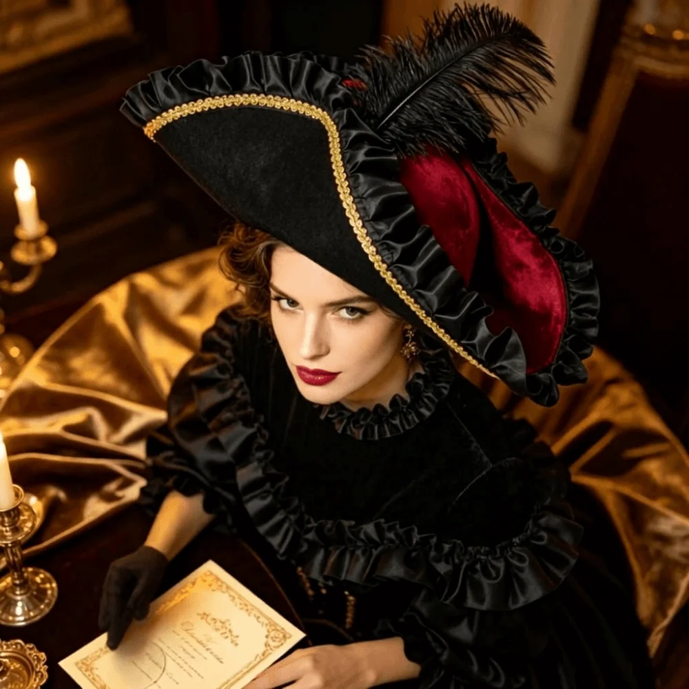 Satin Triangle Pirate Hat Feather Decors Head Ornament Party Decoration Hat Retro Pleated Ruffled Costume Cosplay Cap Men Women