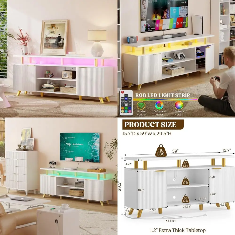 

Modern 60/65/70 Inch TV Stand with LED Light and Power Outlet, Luxury Fluted Entertainment Center Panel