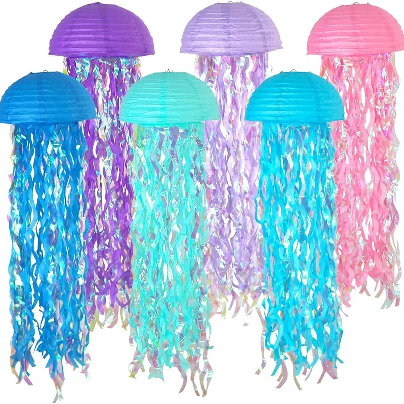 6ps Jellyfish Half circle Paper Lantern Set Gradient Colorful Lantern Mermaid themed underwater ocean birthday decoration view 5