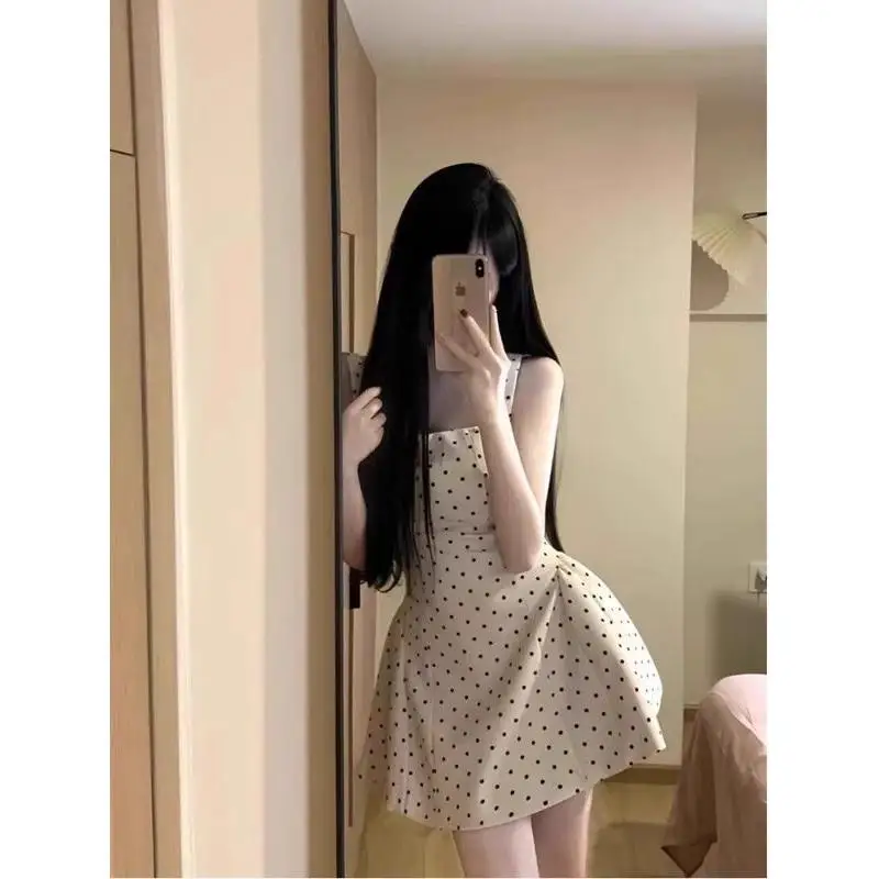 Retro Polka Dot Vest Dr Women's Summer Slimming ort Skirt High Waist Pleated Waist-Cinching A-Line Dr Ele Feeling