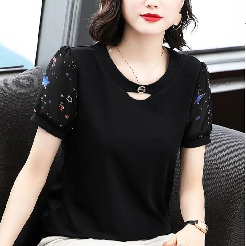 Fashion O-Neck Hollow Out Gauze Blouse Women's Clothing 2023 Spring New Oversized Casual Pullovers All-match Commute Shirt