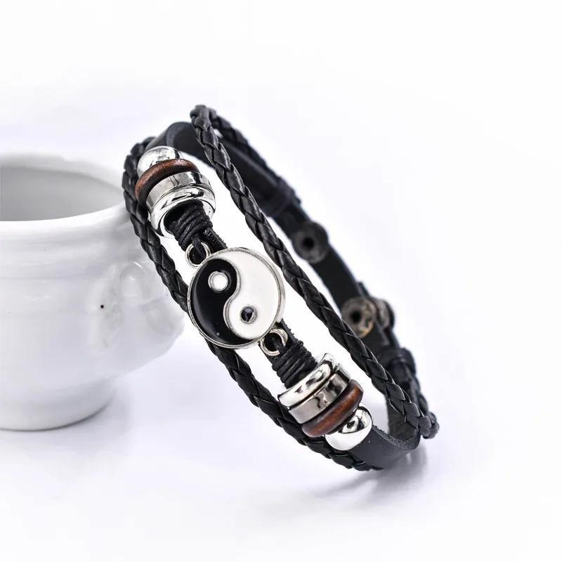 Yin Yang Tai Chi Punk Leather Bracelets for Women Jewelry Vintage Multilayer Weave Beaded Snap Button Bracelet Bangles for Men