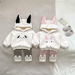 Ins 2024 Winter Baby Girls 2PCS Clothes Set Plus Velvet Cartoon Hoodies Striped Fleece Pants Suit Toddler Girls Tracksuit