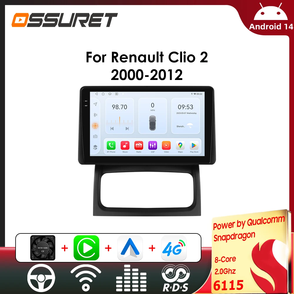 OSSURET 6115 Android autoradio lecteur pour Renault Clio 2 BB CB 2001-2012 Carplay voiture multimédia Intelligent GPS Autoradio