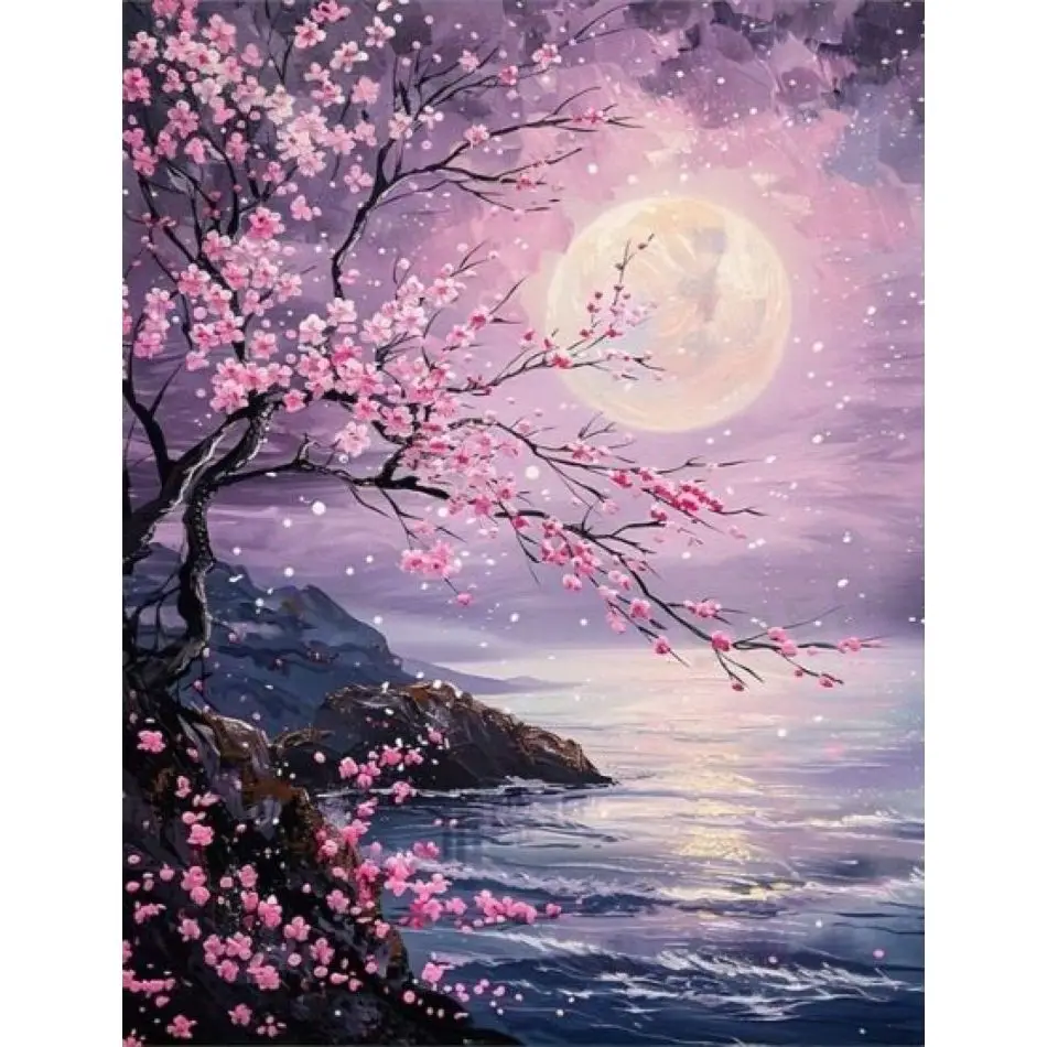 RUOPOTY 5d Diamond Painting Handmade Cherry Blossoms Under The Moon Diamond Painting Kits For Beginners Flower Full Round Diamon