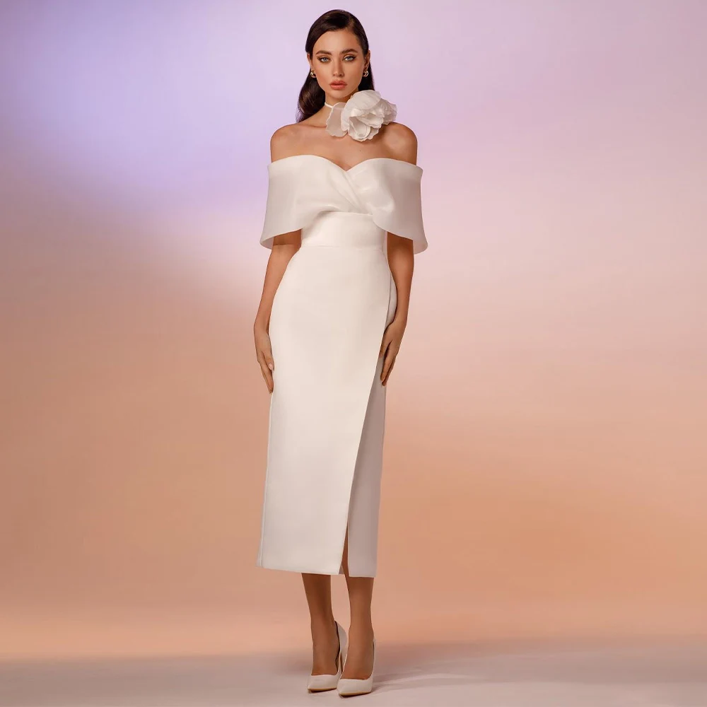 

Midi Wedding Dress White Satin Off the Shoulder Column Gowns for Women 2023 Bride Sheath Tea Length Short Bridal Dresses