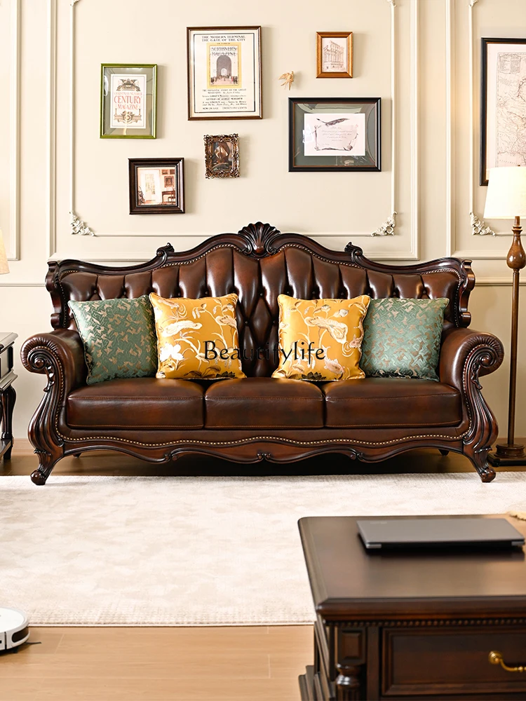 

American Retro Solid Wood Genuine Leather Sofa Top Layer Cowhide 123 Combination Villa Sofa Three-Seater Combination