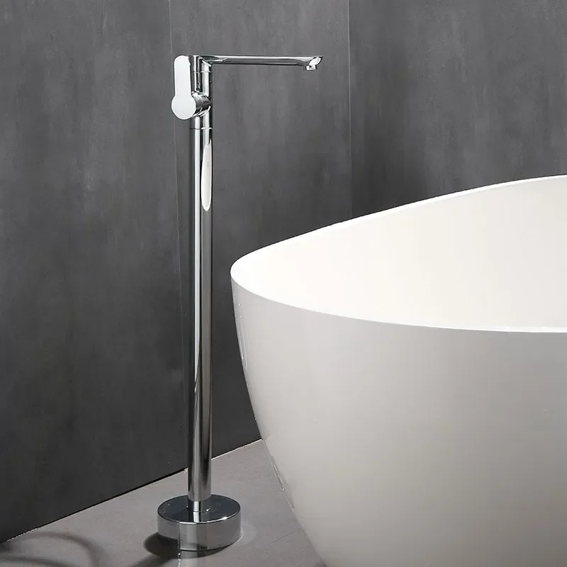Bathroom floor-to-ceiling bathtub faucet bathtub edge, vertical all-copper silver raised basin column, large flow