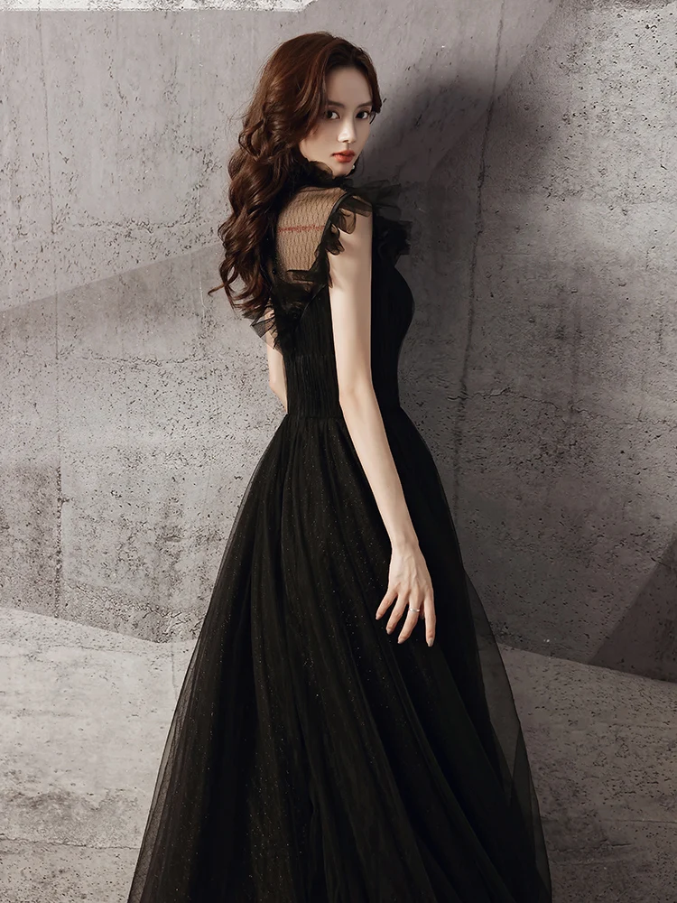 Luxury Black Evening Dress Small Trailing Sweetheart Formal Prom Gowns Hollow Out Backless Tulle Banquet Dresses