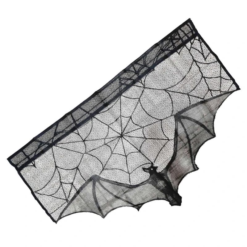 Black Lace Spiderweb Mantles Cloth with Bat Fireplaces Scarf for Halloween Fireplaces Enhancement Dropship