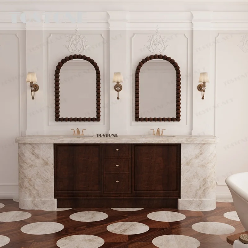 Tostone Minimalist Freestanding Natural Taj Mahal Quartzite Vanity With Wood Cabinet for Modern Villa Bathroom Decoration
