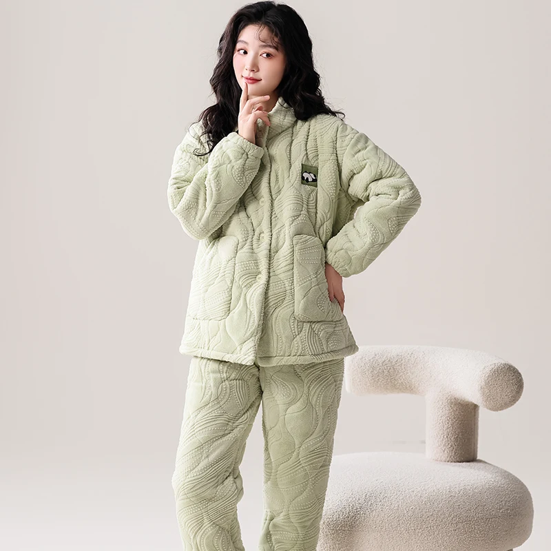 Young Girls Winter Warm Pajama Set Sweet Lovely Three-layer Thick Coral Fleece Quilted Sleepwear Home Wear Clothes Suit Female